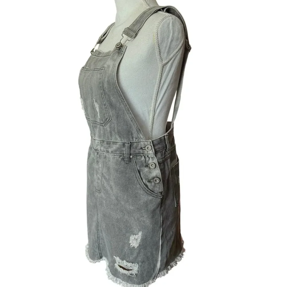 POL overall skirt distressed gray denim ripped torn mini jean overalls S small - Picture 2 of 16